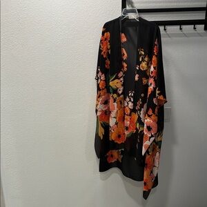 Black Floral Kimono Cover-Up with Orange & Pink Blooms